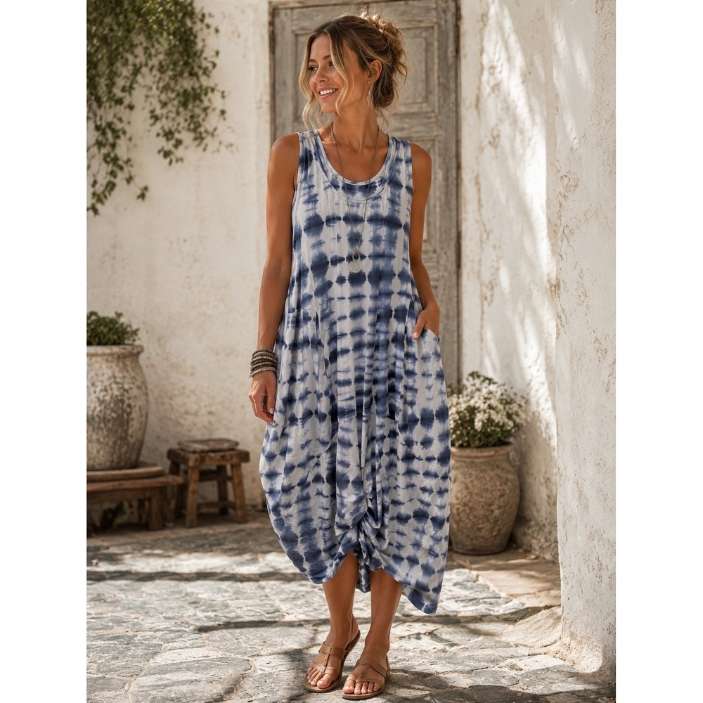 Snapdragon & Twig Blue Tie Dye Cocoon Knot Hem Midi Pocket Dress Lagenlook- M
